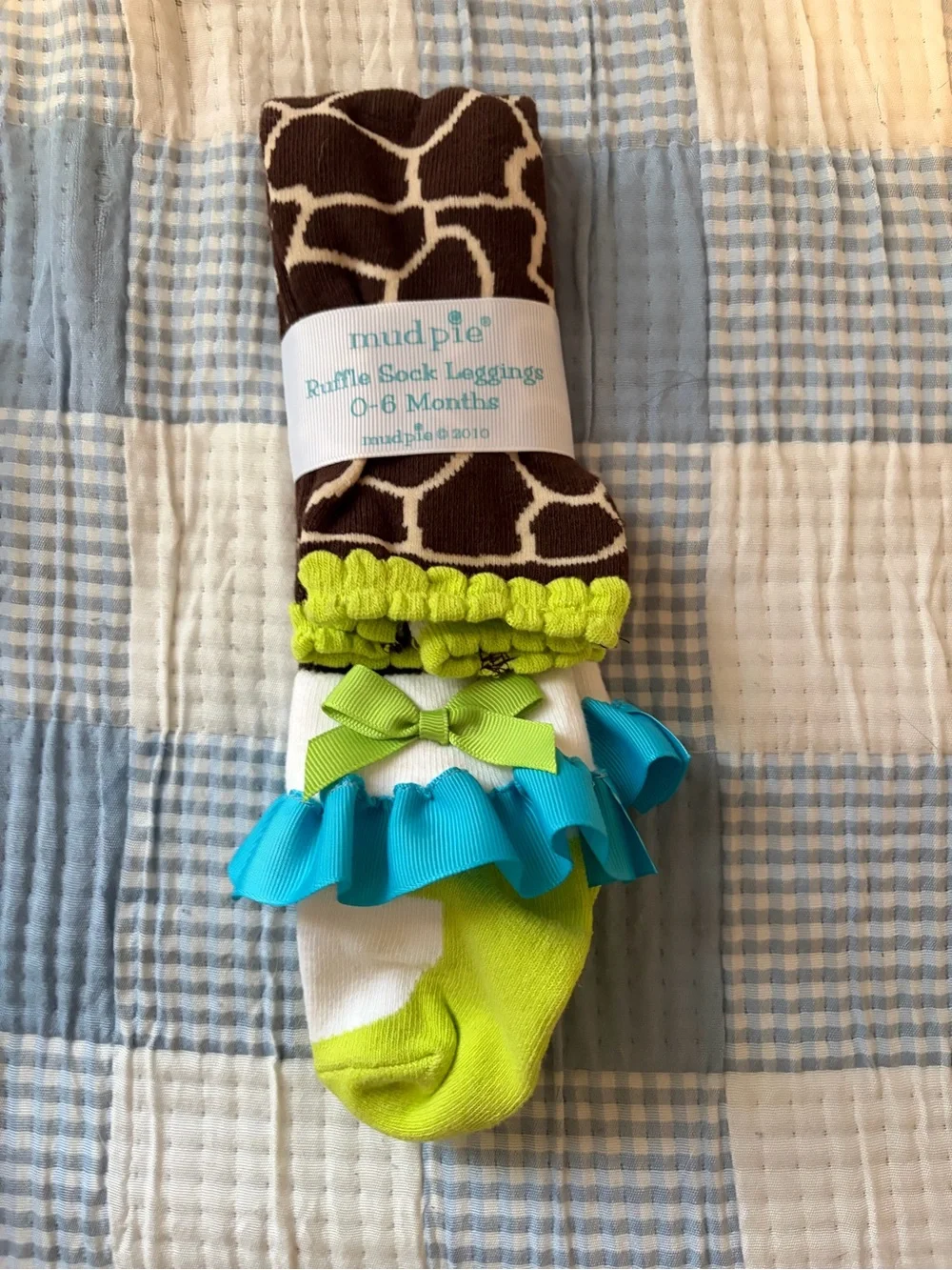 Mud Pie Brown Giraffe Ruffle Sock Leggings with Lime and Teal Accents